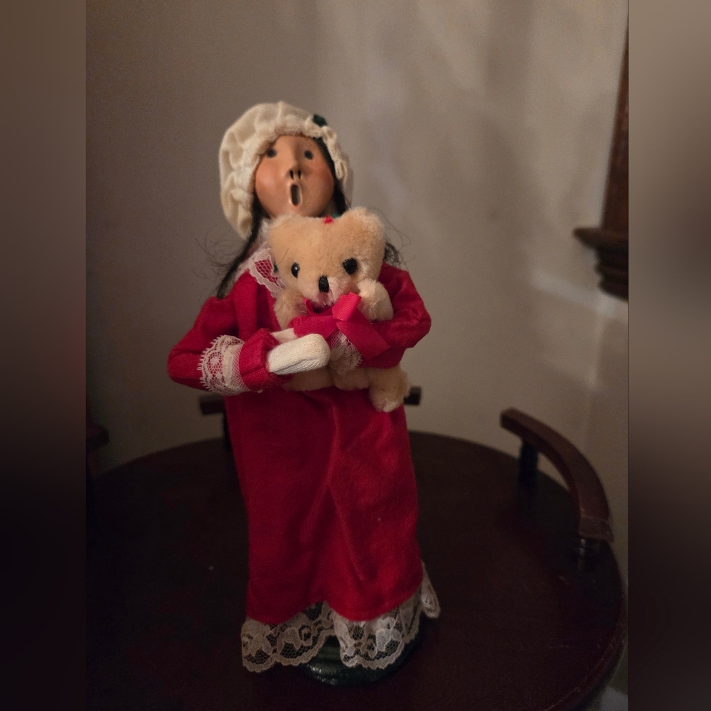Holiday Caroler Figurine with Teddy Bear - Red and Cream